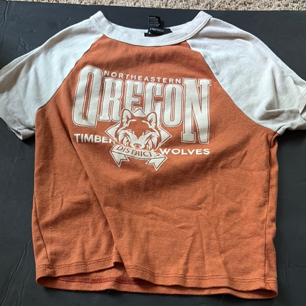 Northeastern Oregon Raglan Shirt - Orange and White cropped tee